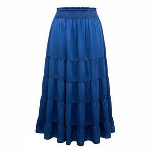 Women's Tiered Maxi Skirt Blue Elastic Waist Lightweight Cotton Bohemian Sz M